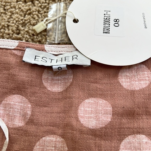 NWT! ESTHER Size 8 dusky rose polka dot front button puff sleeve linen dress - Picture 7 of 9